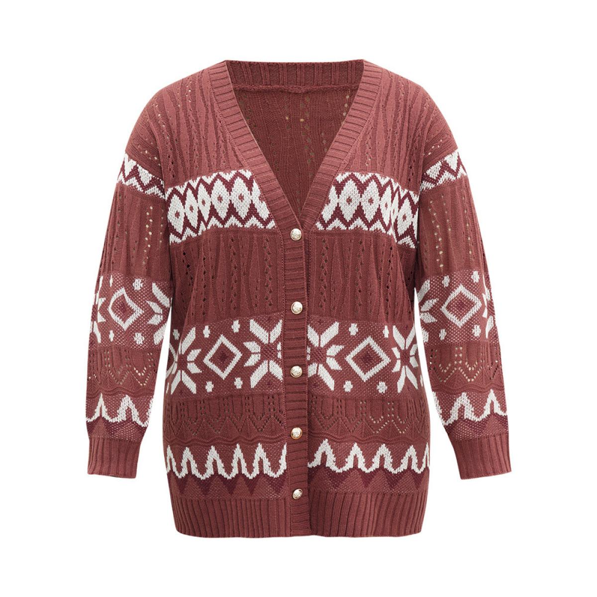 Plus Size Bandana Print Eyelet Metal Button Fly Cardigan Rust Women Casual Loose Long Sleeve Dailywear Cardigans BloomChic 30/6X Product Image