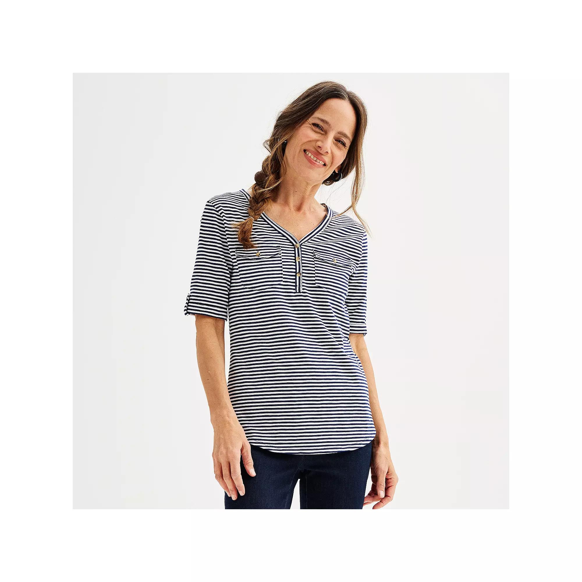 Petite Croft & Barrow® Elbow Sleeve Utility Henley Top, Women's, Size: Small Petite, Bright White Product Image