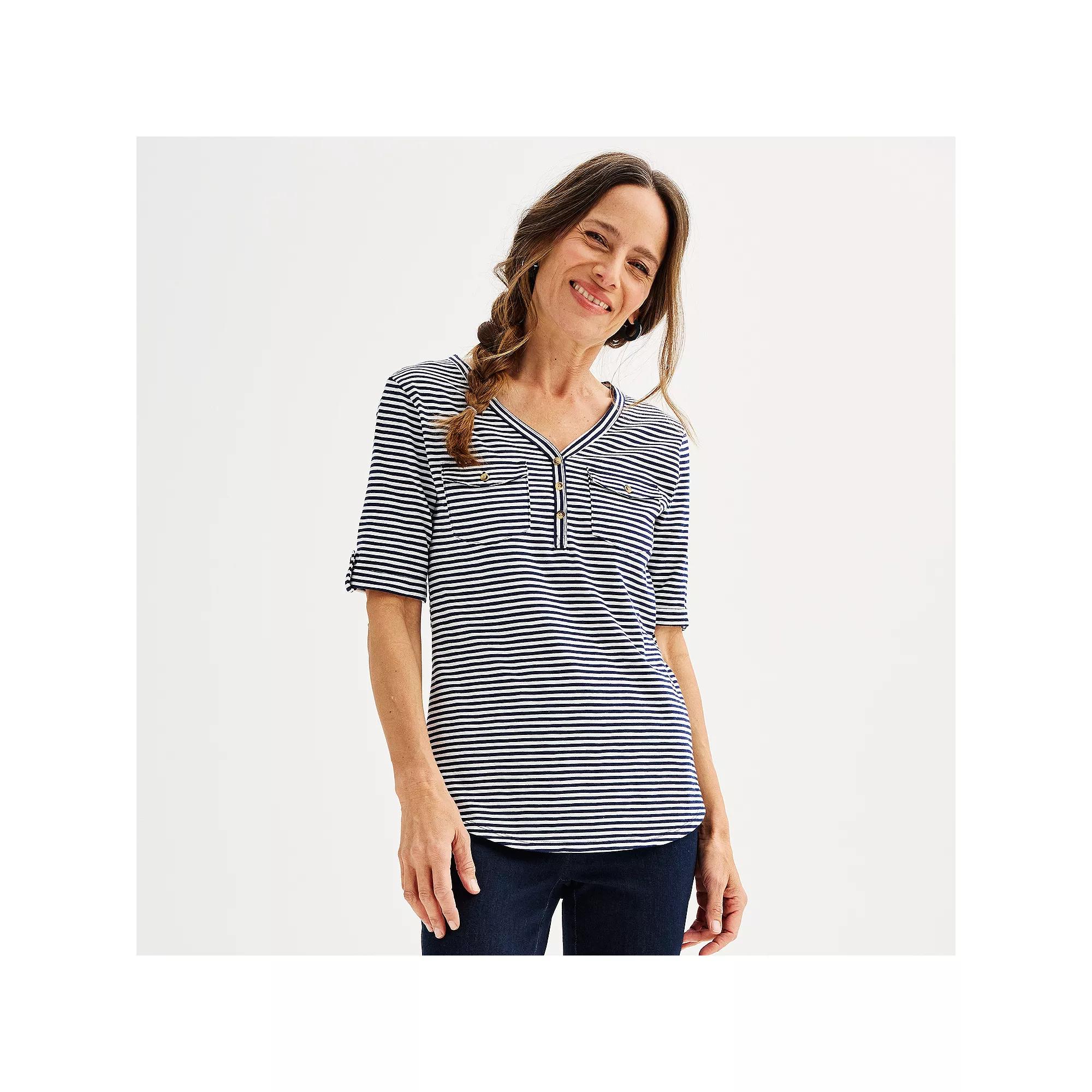 Petite Croft & Barrow® Elbow Sleeve Utility Henley Top, Women's, Size: Small Petite, Bright White Product Image