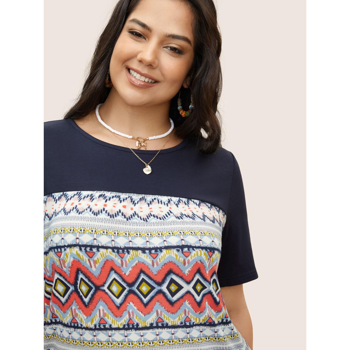Plus Size Round Neck Bandana Print Patchwork T-shirt Indigo Women Resort Contrast Art&design Round Neck Vacation T-shirts BloomChic 12/L Product Image