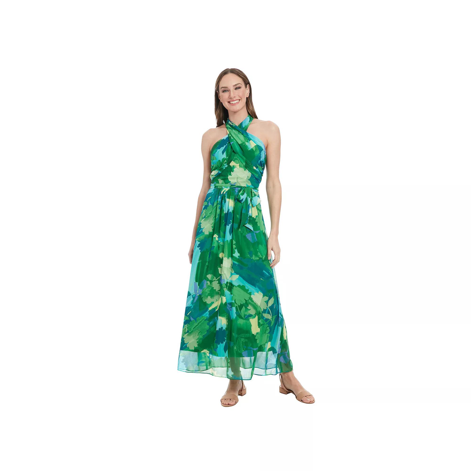 Women's London Times Floral Wrap Halter Maxi Dress, Size: 10, Green Teal Product Image