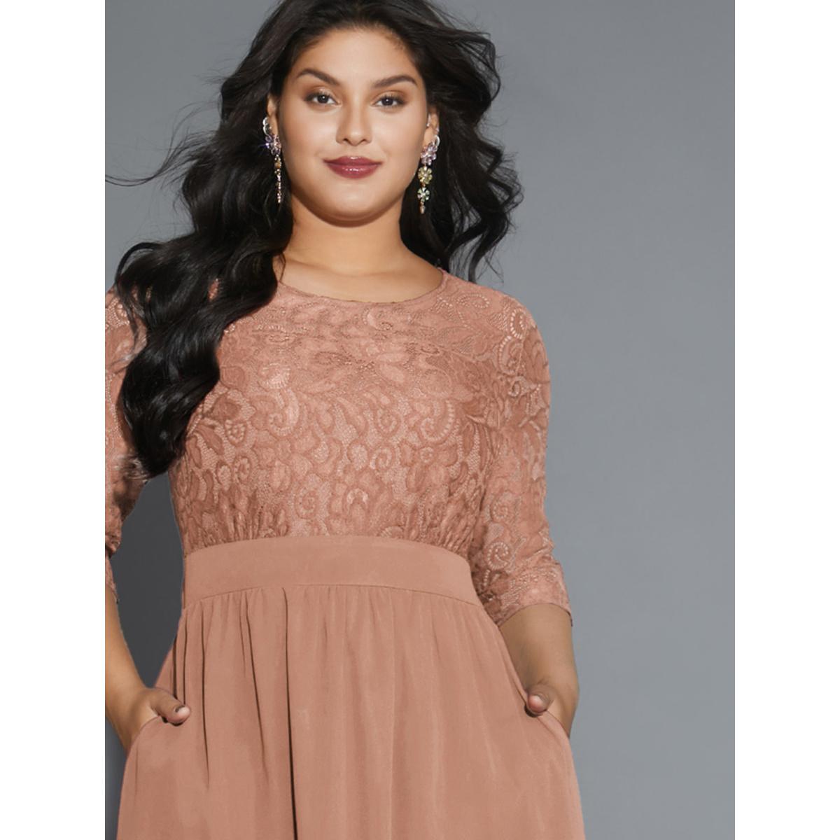 Plus Size Lace Patchwork Shirred Midi Pocket Dress Apricot Women Cocktail Woven ribbon&lace trim Round Neck Elbow-length sleeve Curvy BloomChic 14-16/1X Product Image