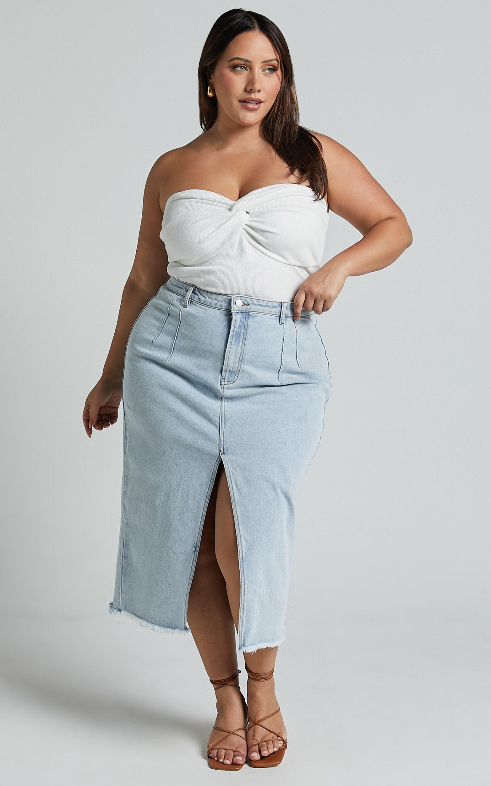 Janeve Midi Skirt - Front Split Denim Skirt in MID WASH Product Image