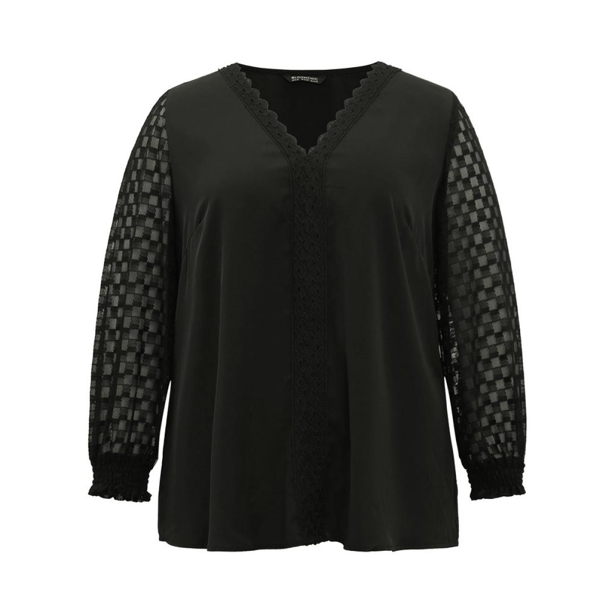 Plus Size Black Lace Panel V Neck Shirred Mesh Blouse Women Glamour Long Sleeve V-neck Going out Blouses BloomChic 30/6X Product Image