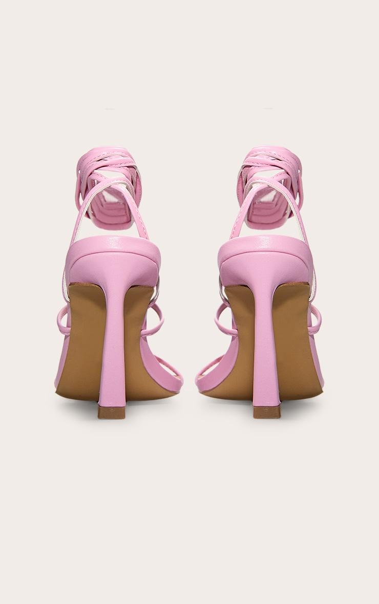 Pink Pu Square Toe Strappy Lace Up Mid Stiletto Heeled Sandals Product Image