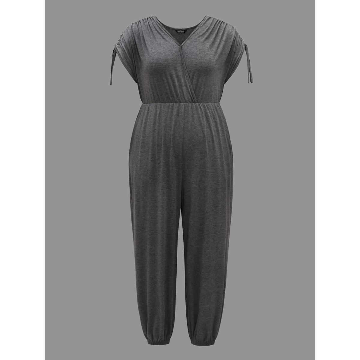 Plus Size DimGray Surplice Neck Drawstring Stretch Jumpsuit Women Casual Short sleeve Overlap Collar Everyday Loose Jumpsuits BloomChic 14-16/1X Product Image