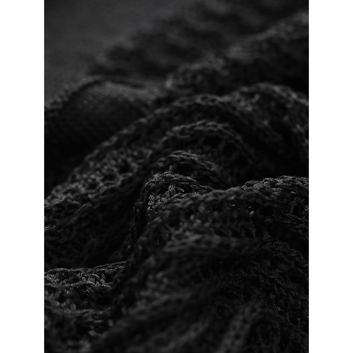 Plus Size Plain Geometric Eyelet Patchwork Batwing Sleeve Pullover Black Women Casual Loose Short sleeve Round Neck Dailywear Pullovers BloomChic 14-16/1X Product Image