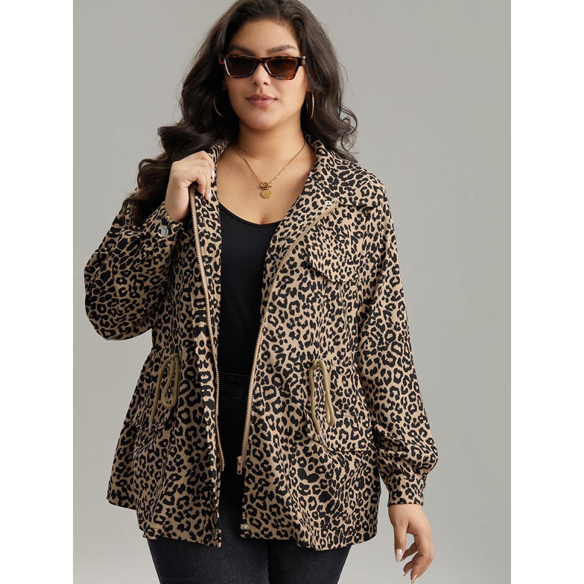 Plus Size Leopard Zipper Drawstring Knot Pocket Jacket Women LightBrown Contrast Pocket Dailywear Jackets BloomChic 22-24/3X Product Image