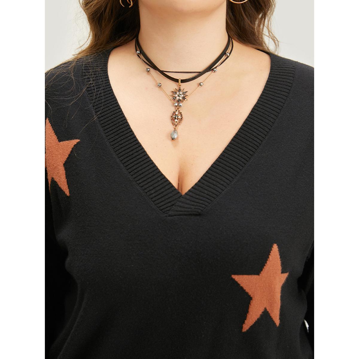 Plus Size Halloween Supersoft Essentials Star V Neck Distressed Hem Pullover Black Women Casual Loose Long Sleeve V-neck Festival-Halloween Pullovers BloomChic 28/5X Product Image