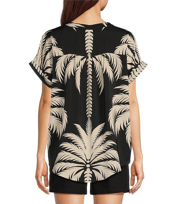 Gibson & Latimer Palm Tropical Print Moonshadow Satin Split Round Neck Dropped Short Roll Tab Sleeve Hi-Low Shirttail Blouse Product Image