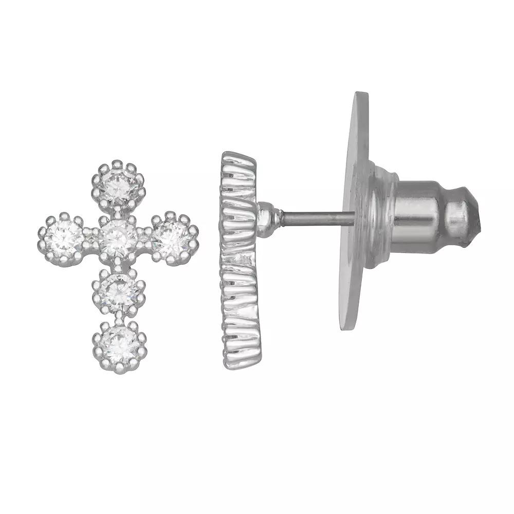 Napier Silver Tone Crystal & Cubic Zirconia Cross Drop Post Earrings, Women's Product Image