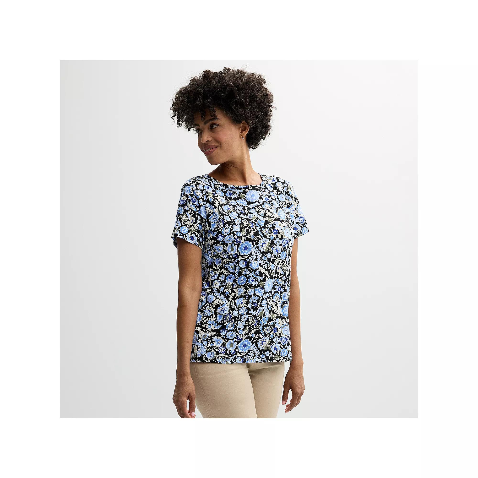 Women's Croft & Barrow® Essential Crewneck Tee, Size: Small, Black Blue Floral Vine Product Image