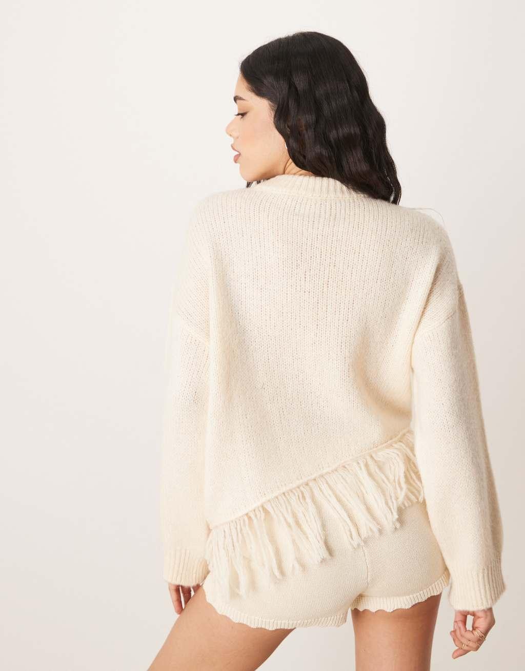 ASOS DESIGN knit crew neck sweater with fringe hem detail in cream Product Image