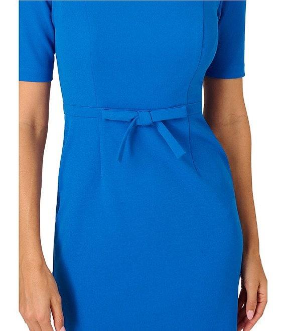 Adrianna Papell Crew Neck Short Sleeve Bow Front Crepe Sheath Dress Product Image