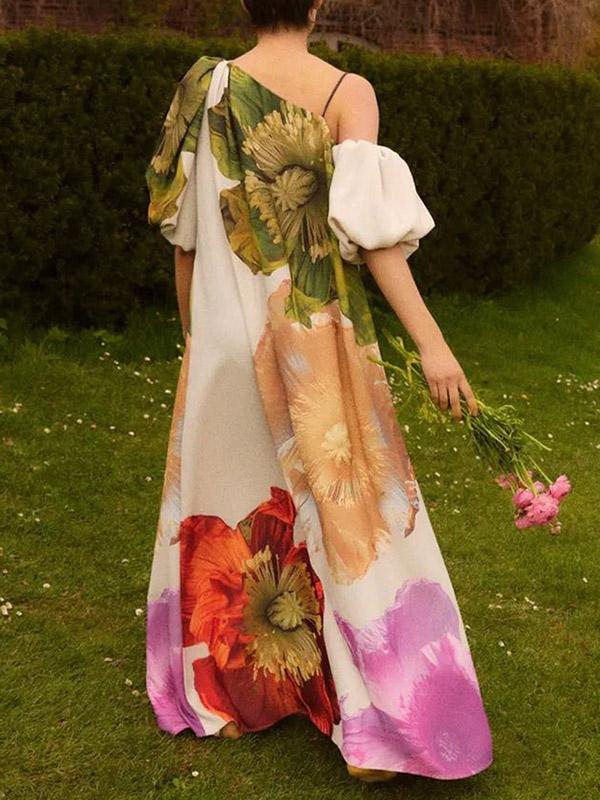 A-Line Loose Elasticity Flower Print One-Shoulder Maxi Dresses Product Image