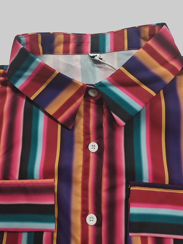 Long Sleeves Loose Split-Joint Striped Lapel Maxi Dresses Shirt Dress Product Image