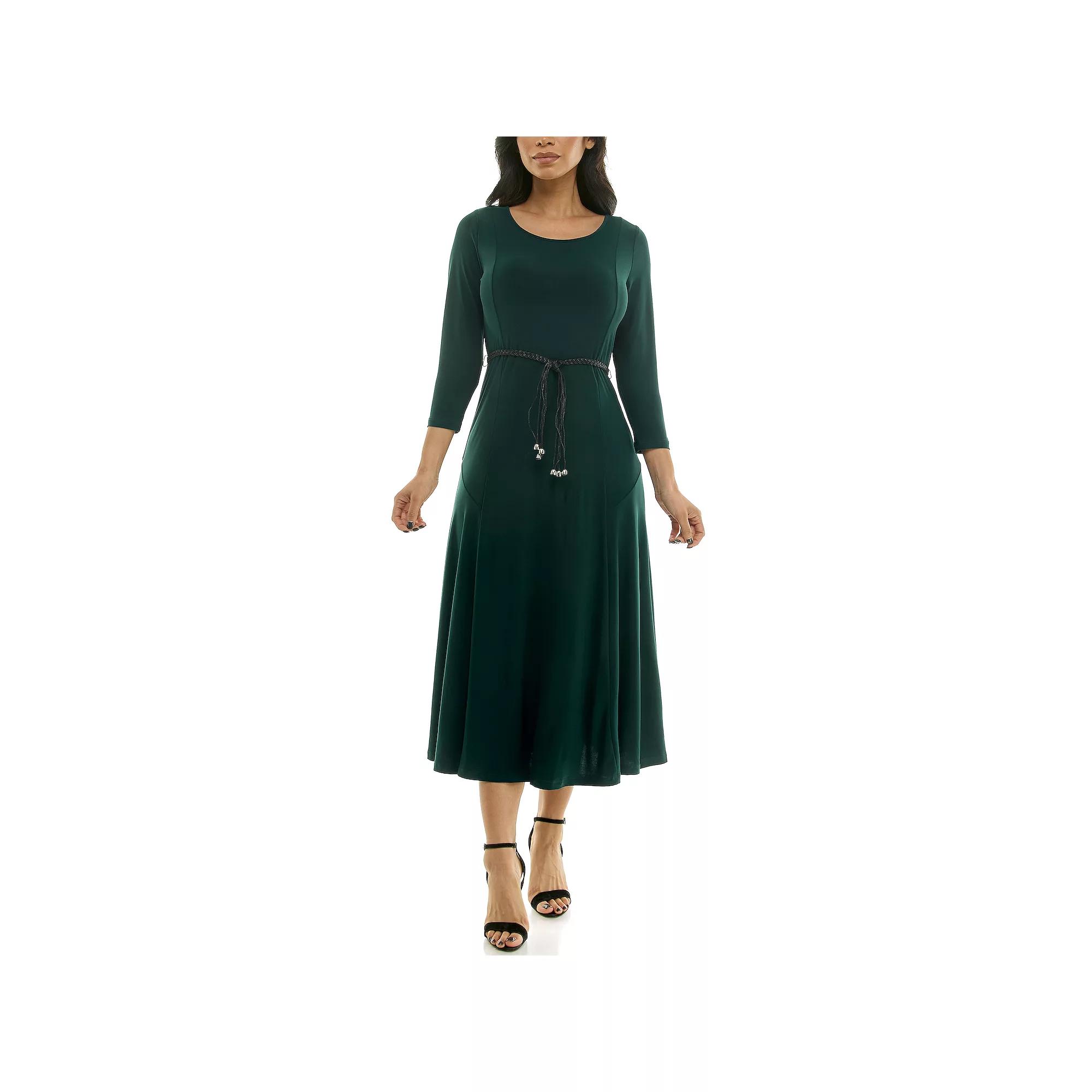 Women's Nina Leonard Sylvia Three-Quarter Sleeve Belted Midi Dress,  Product Image