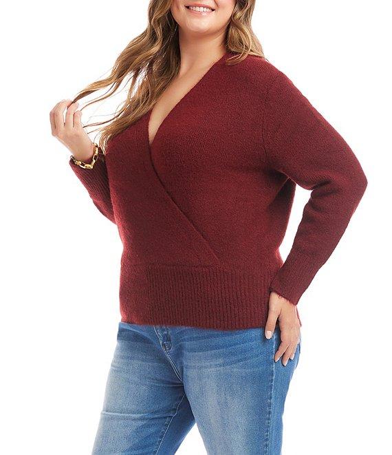 Karen Kane Plus Size Surplice V-Neck Long Sleeve Crossover Faux Wrap Knit Top Product Image