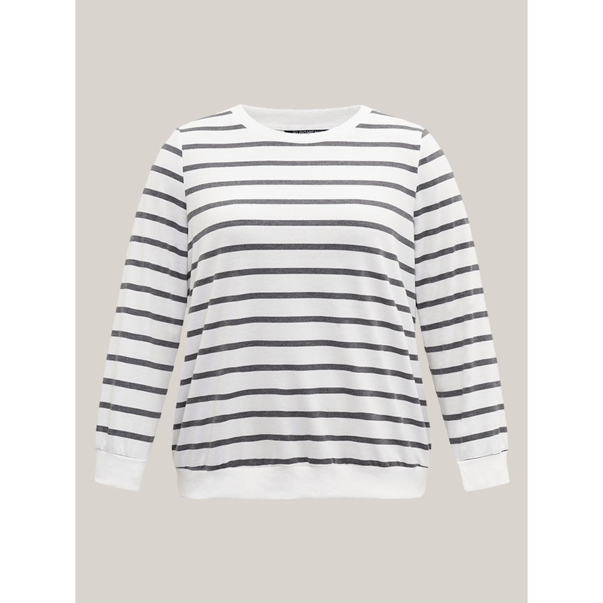 Plus Size Rib Knit Striped Round Neck Sweatshirt Women White Casual Non Round Neck Everyday Sweatshirts BloomChic 22-24/3X Product Image