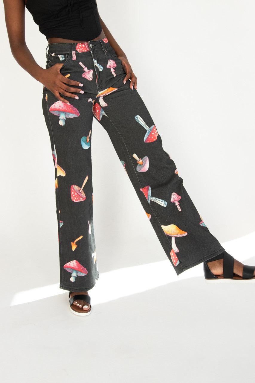 Large Mushroom Print Wide Leg Jeans Product Image