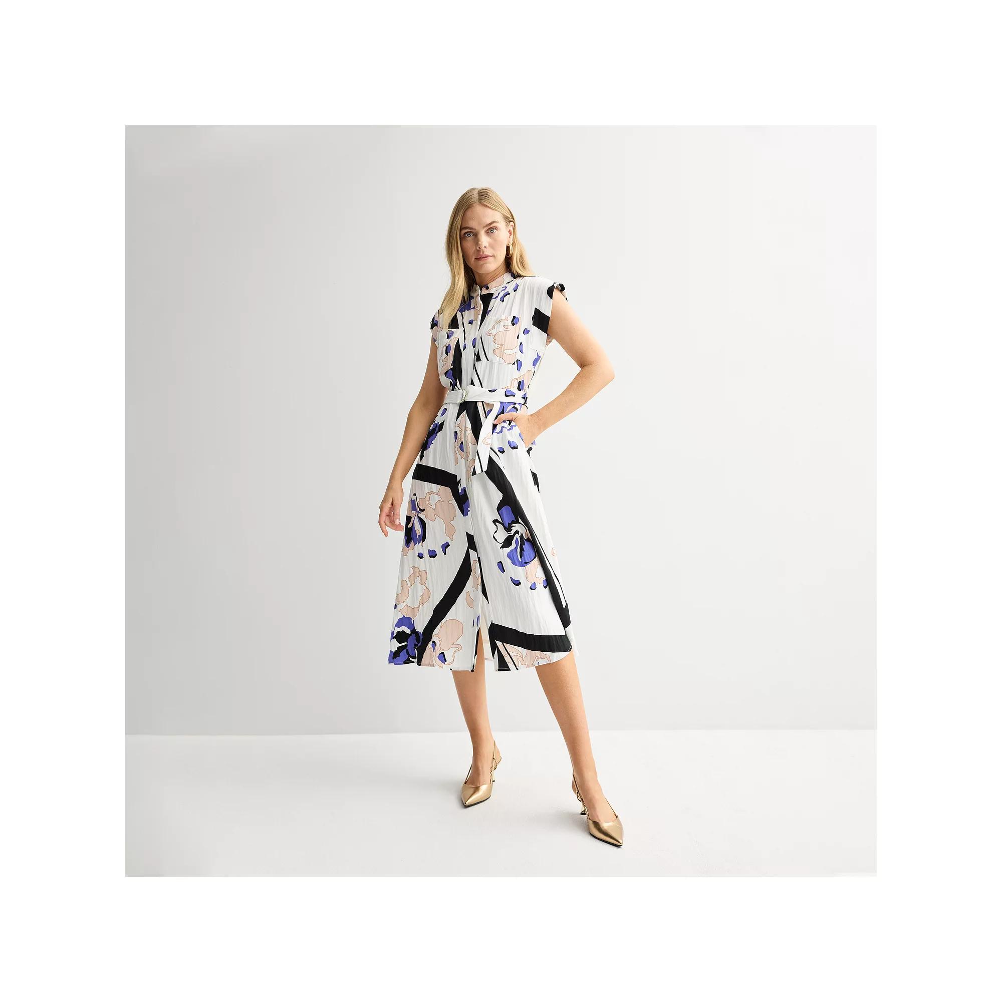 Women's Nine West Cap Sleeve Midi Shirt Dress, Size: XXL, White Floral Border Product Image
