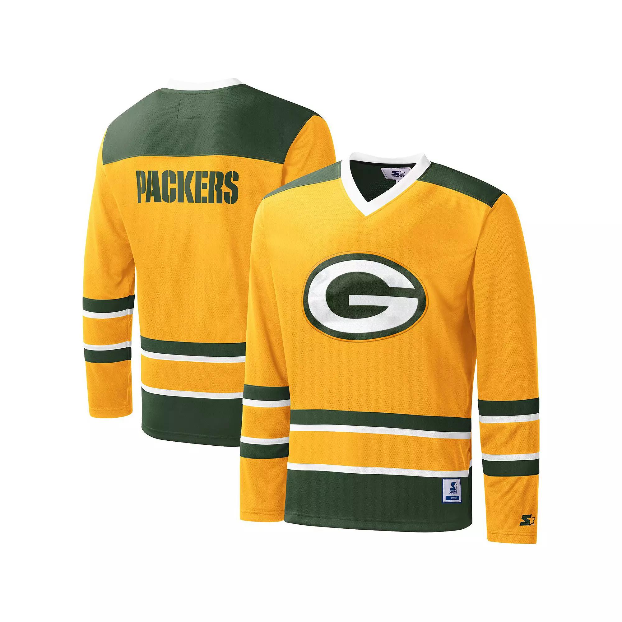 Men's Starter Gold Green Bay Packers Cross-Check V-Neck Long Sleeve T-Shirt,  Product Image