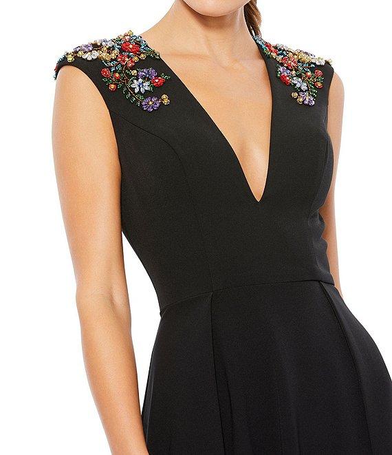 Mac Duggal Beaded Shoulder Deep V-Neck Cap Sleeve Thigh High Slit A-Line Gown Product Image