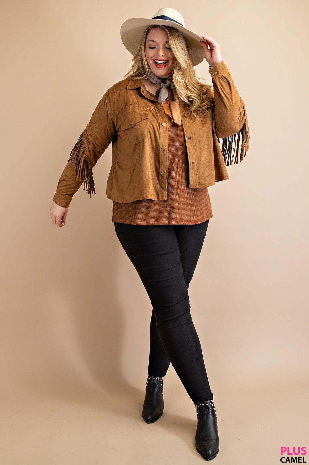 PLUS Camel Faux Suede Fringe Jacket-* Product Image
