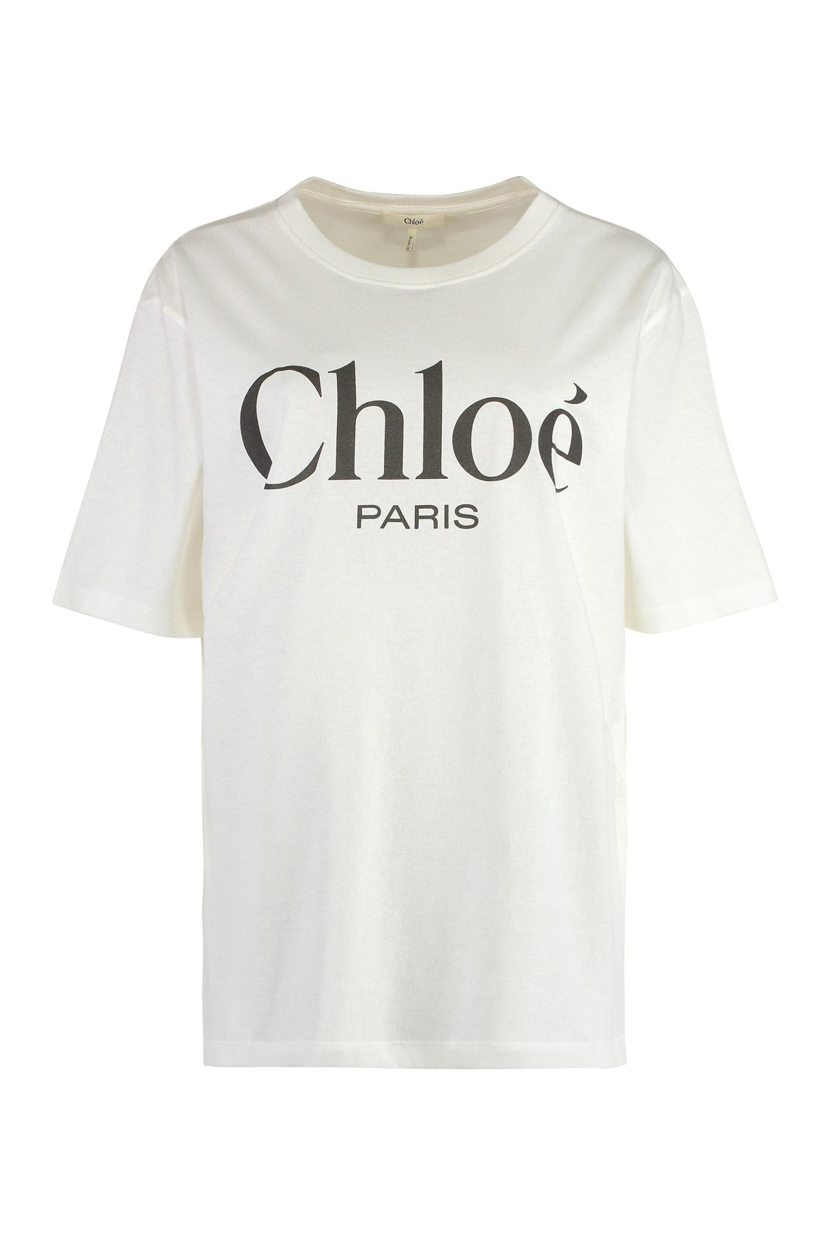 CHLOÉ White Crewneck T-shirt With Logo Print On The Front In Cotton Woman Product Image