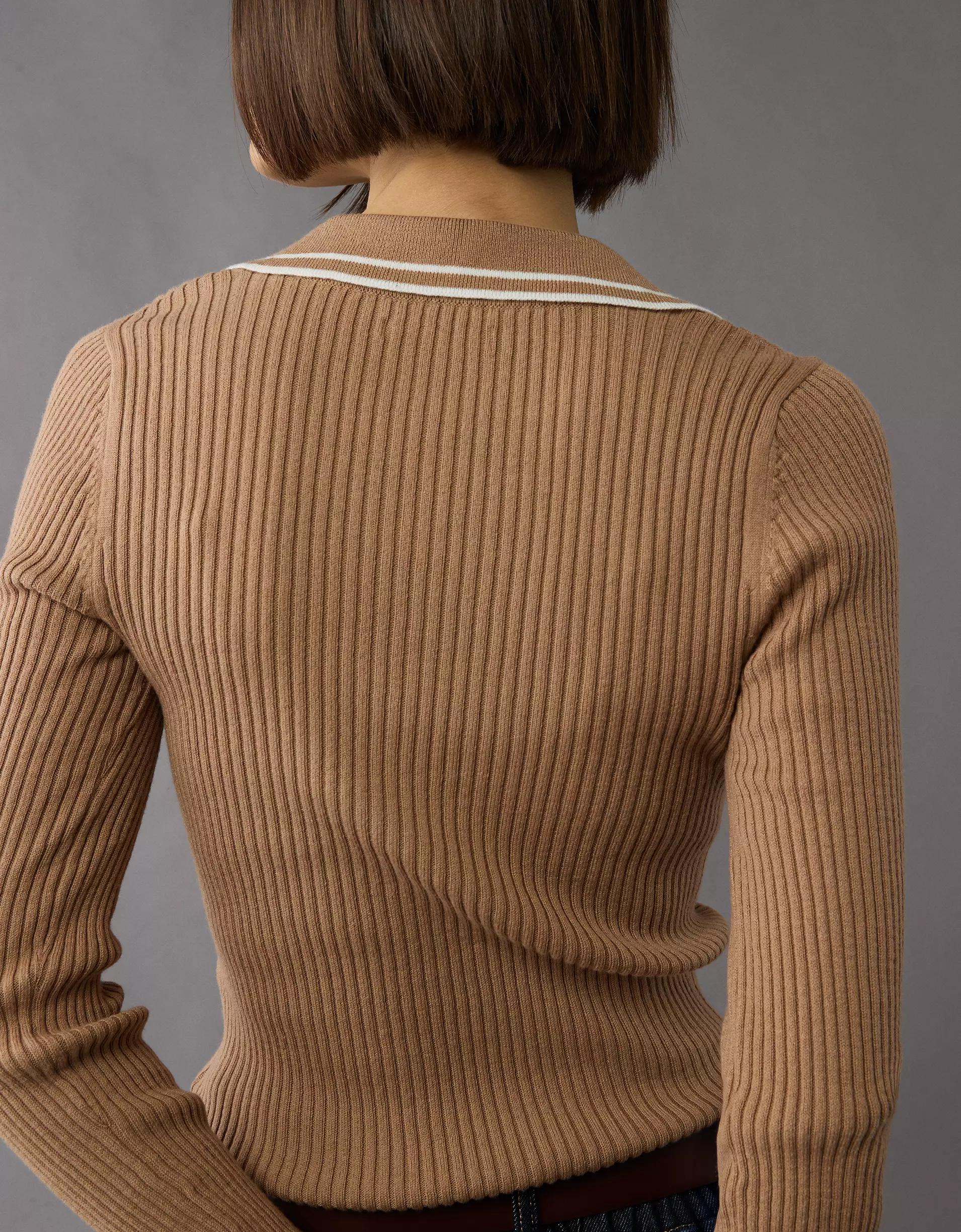 AE Long-Sleeve Collared Polo Sweater Product Image