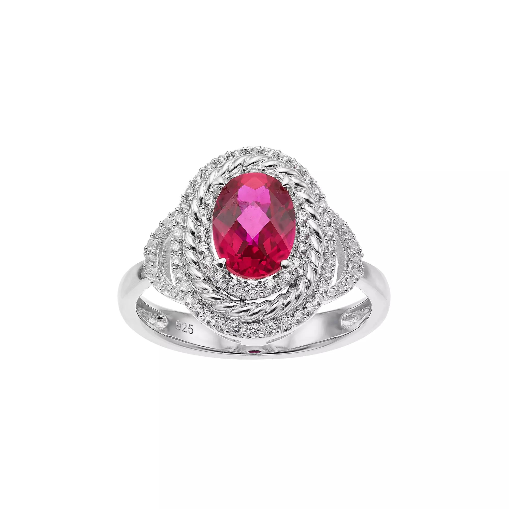 Sterling Silver Lab-Created Ruby & White Sapphire Oval Halo Ring, Women's, Size: 6 Product Image