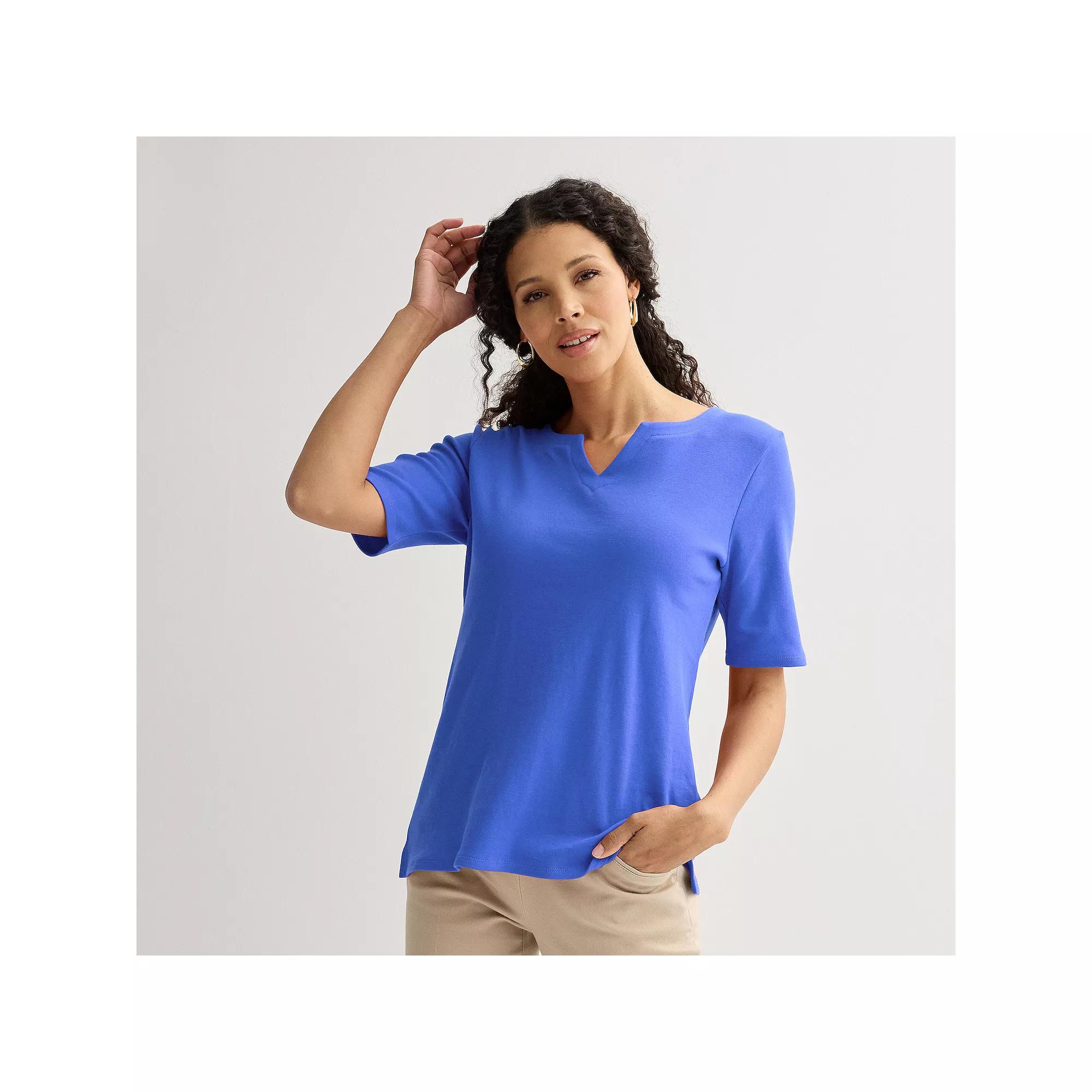 Petite Croft & Barrow® Elbow Sleeve Splitneck Top, Women's,  Product Image