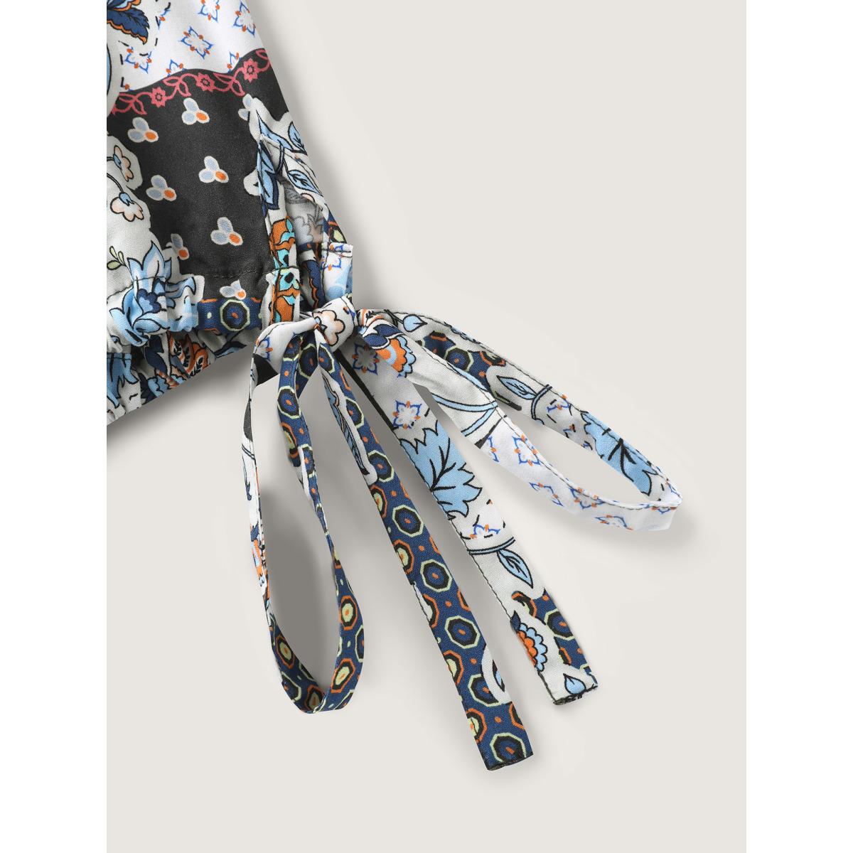 Plus Size Boho Print Ribbed Sleeve Tie Sweatshirt Women ArmyGreen Boho Round Neck Vacation Sweatshirts BloomChic 10/M Product Image