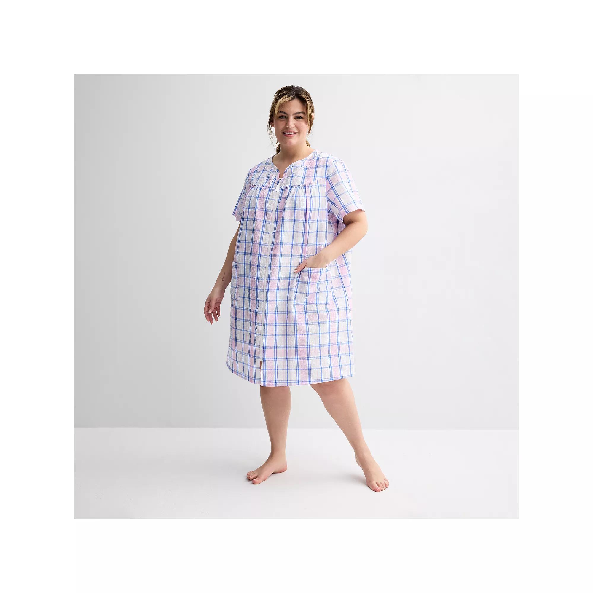 Plus Size Croft & Barrow® Woven Zip Short Robe, Women's, Size: 1XL, Summer Plaid Pink Product Image