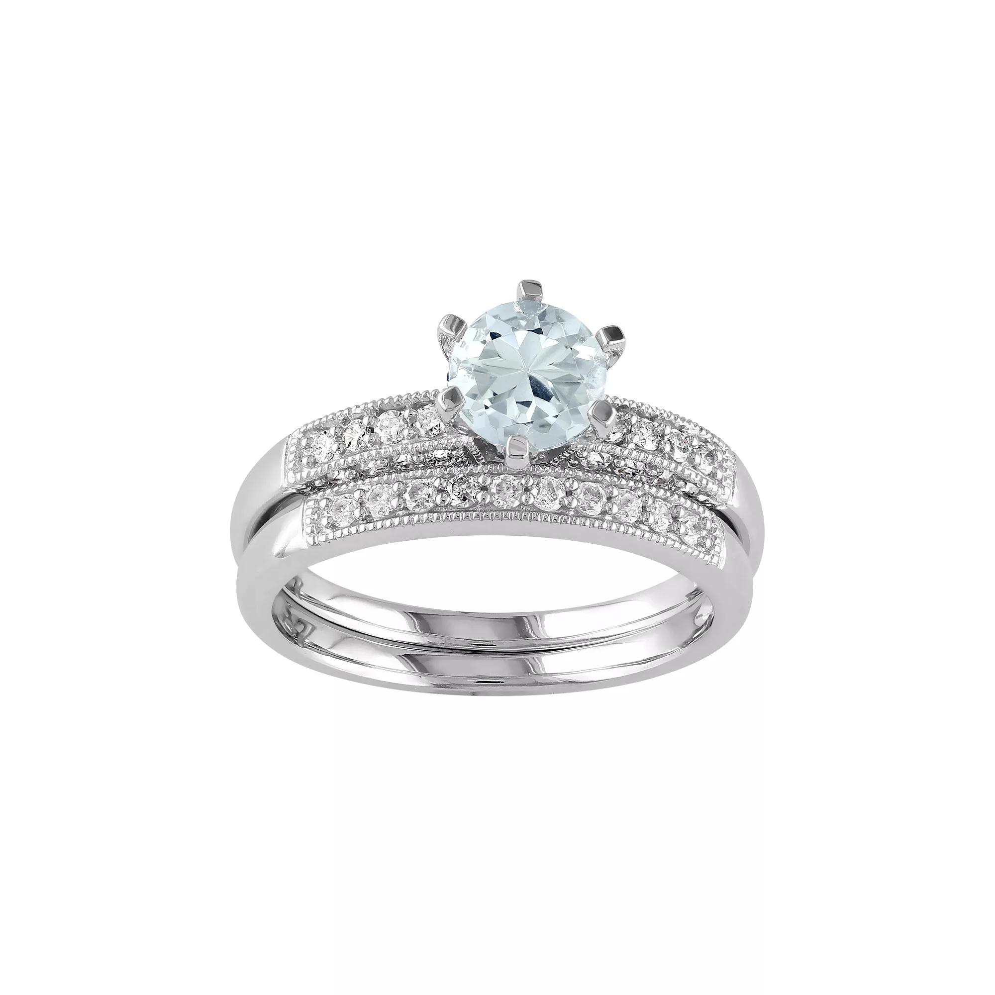 Stella Grace 10k White Gold Aquamarine & 1/3 Carat T.W. Diamond Engagement Ring Set, Women's, Size: 6, Blue Product Image