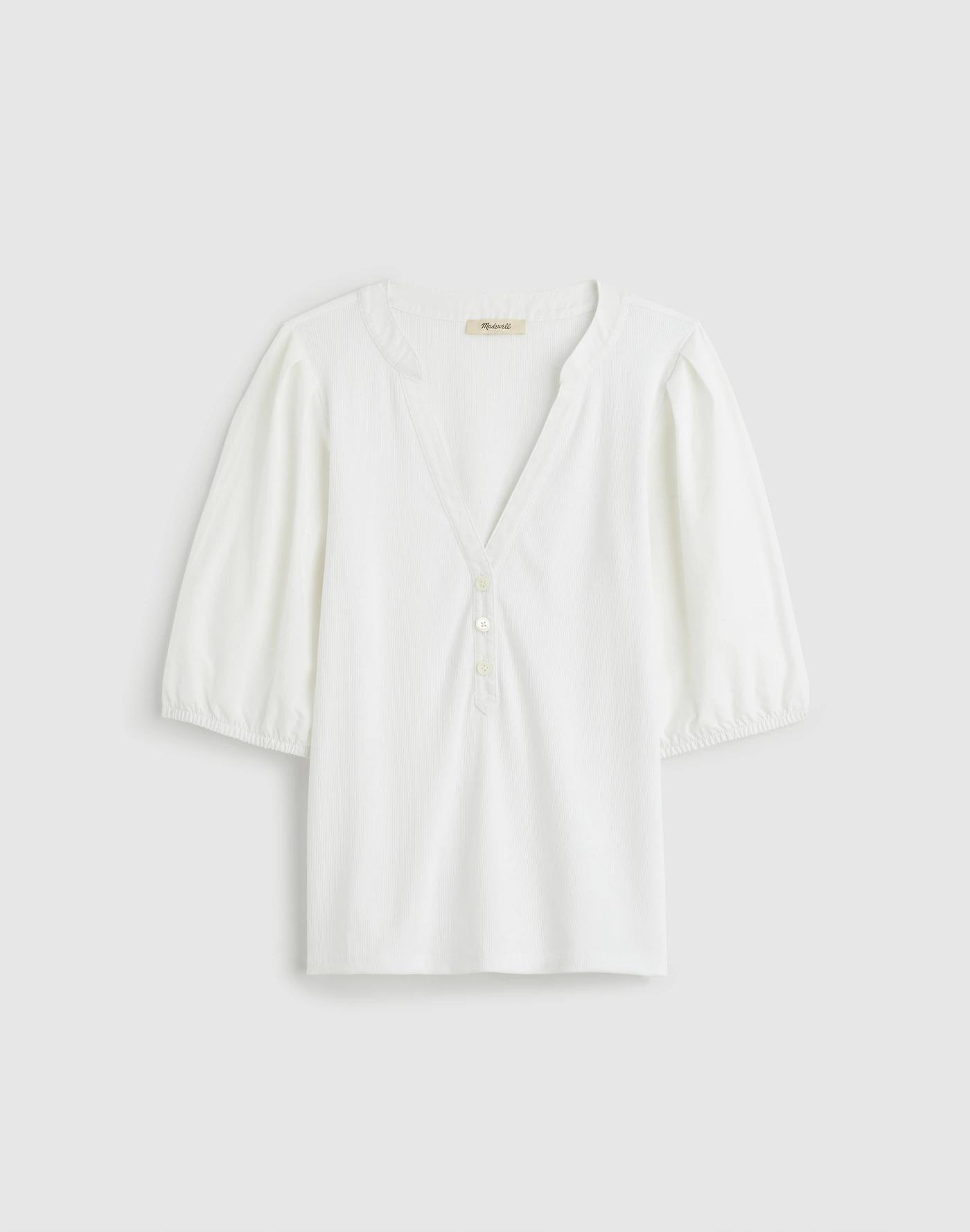 Puff-Sleeve Henley Knit Top Product Image