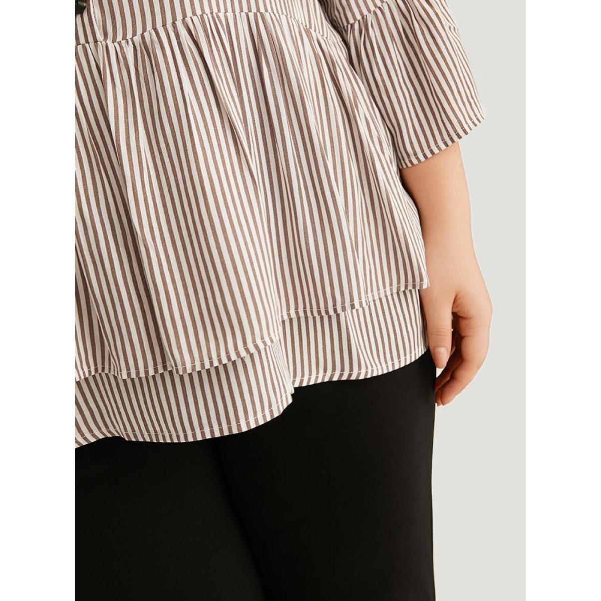 Plus Size Multicolor Striped Button Up Ruffles Bell Sleeve Blouse Women Office Elbow-length sleeve V-neck Office Blouses BloomChic 28/5X Product Image