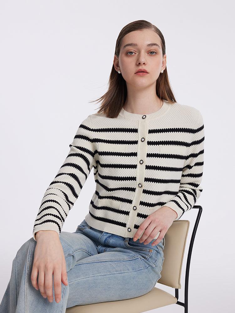 Striped Pearl Button Knitted Women Cardigan Product Image