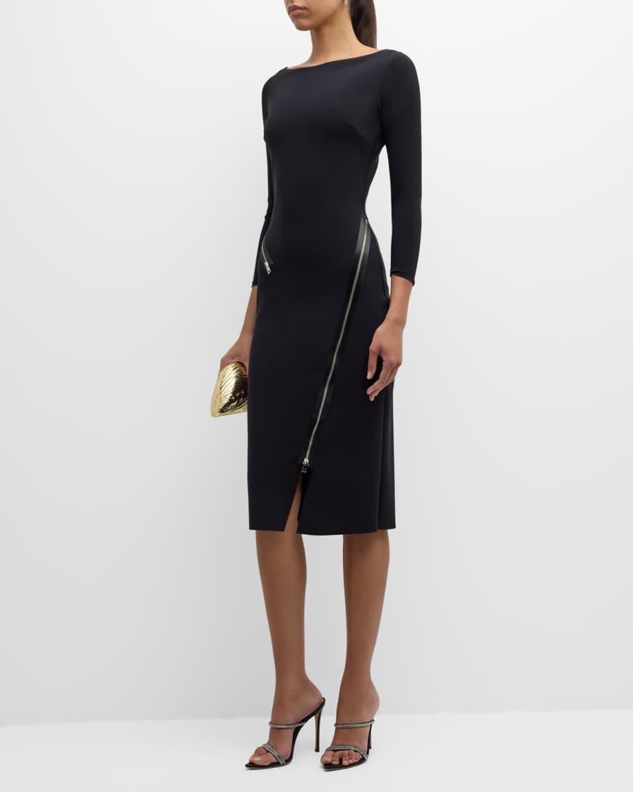 Bateau-Neck Zipper-Trim Bodycon Midi Dress Product Image
