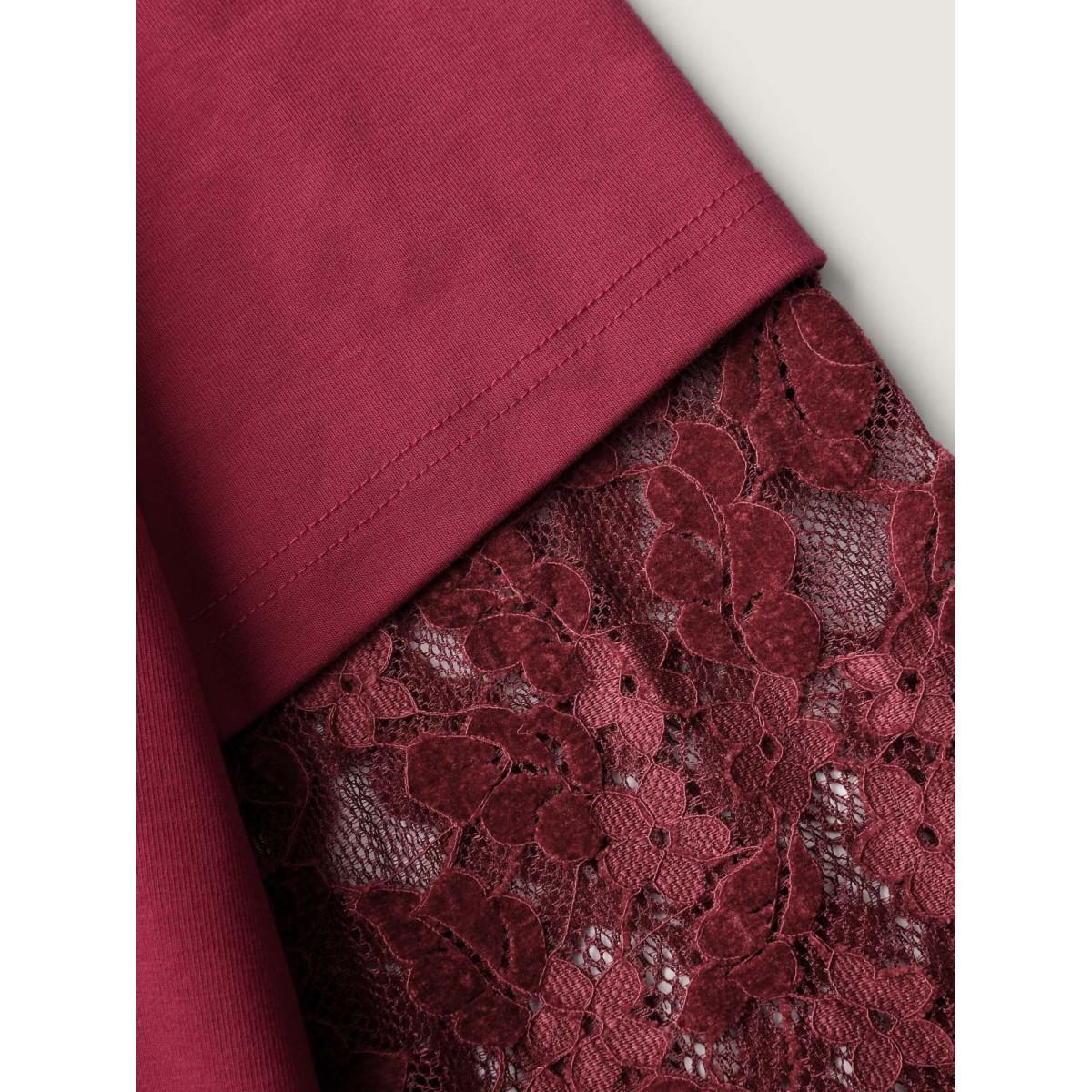 Plus Size 2-In-1 Layered Sheer Lace Sleeve T-Shirt Scarlet Women Leisure Round Neck Casual T-shirts BloomChic 30/6X Product Image