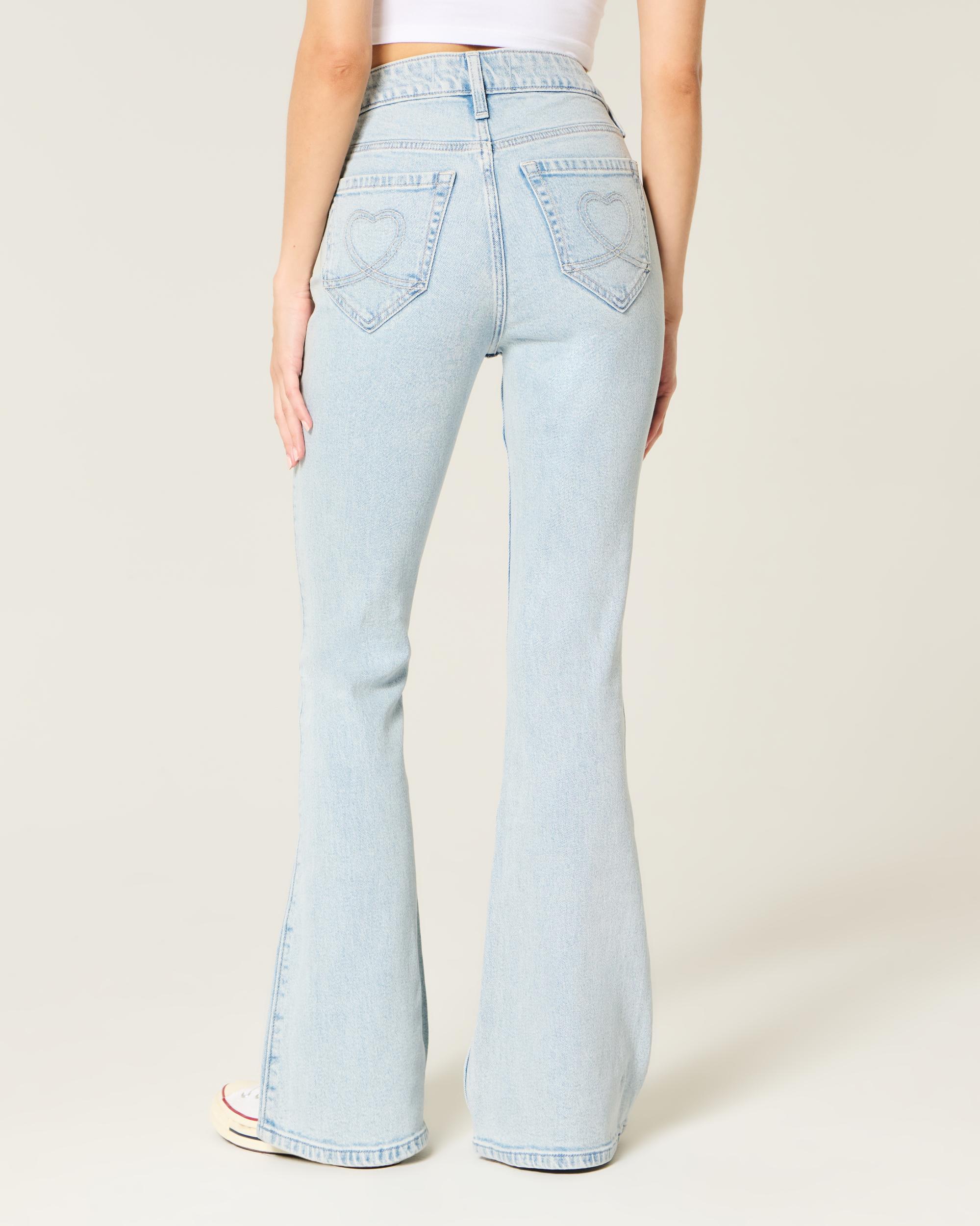 High-Rise Light Wash Heart Stitch Flare Jeans Product Image