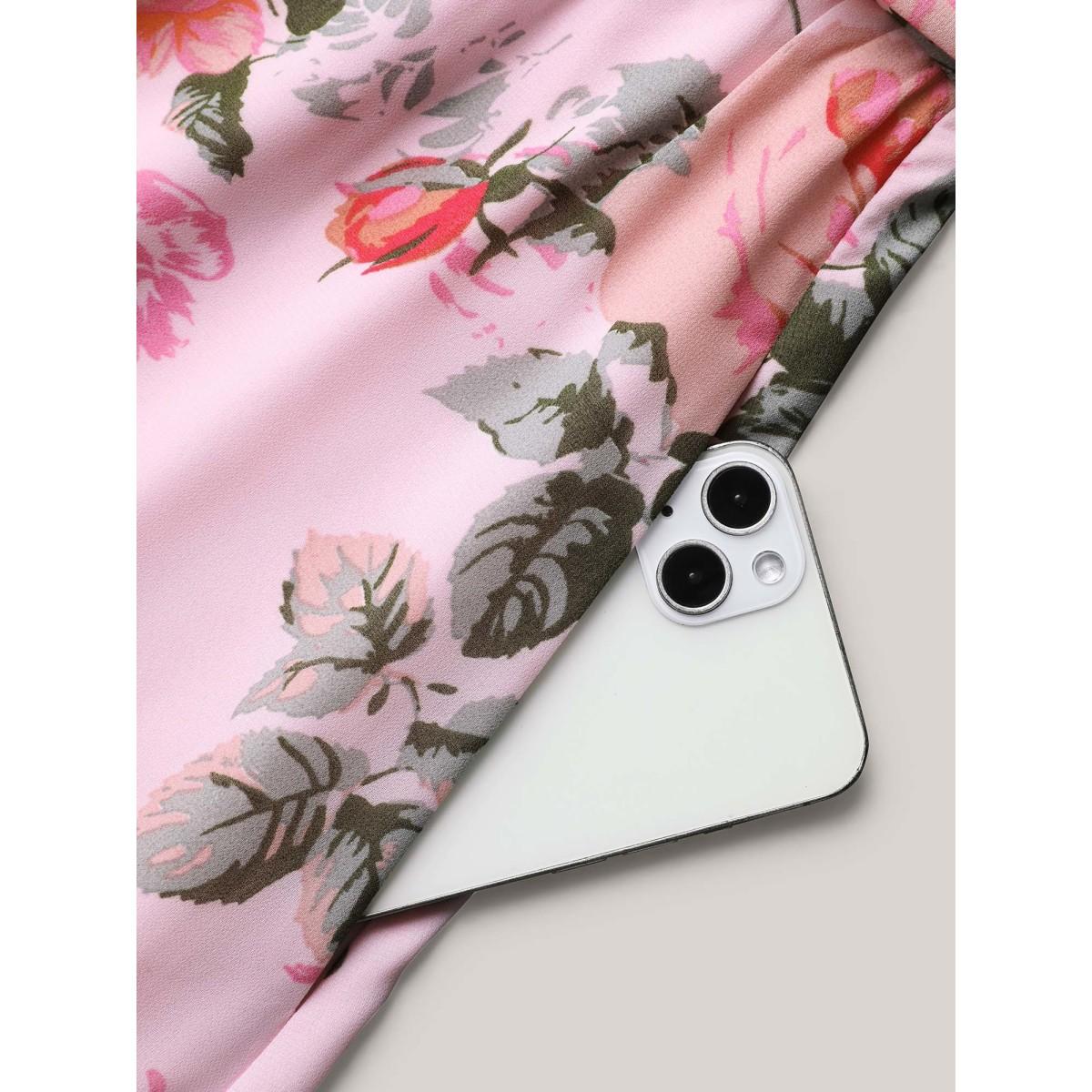 Plus Size Rosy Print Pockets Pleated Midi Dress MistyRose Women Elegant Gathered V-neck Elbow-length sleeve Curvy BloomChic 22-24/3X Product Image