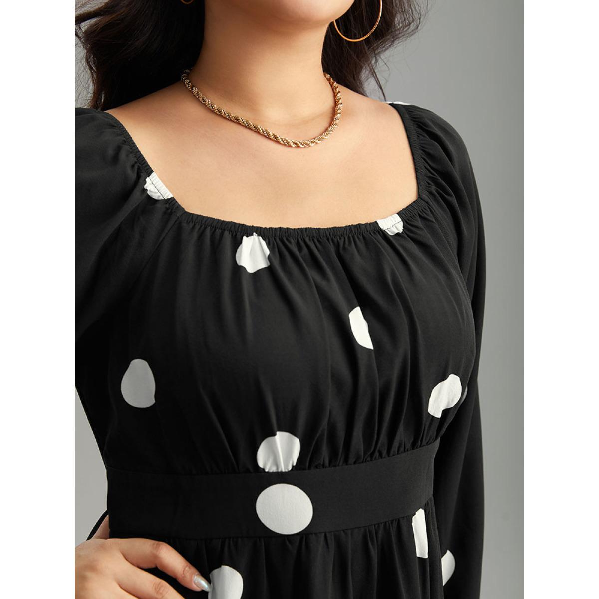 Plus Size Polka Dot Square Neck Gathered Elastic Cuffs Dress Black Women Elegant Elastic cuffs Square Neck Long Sleeve Curvy Midi Dress BloomChic 14-16/1X Product Image