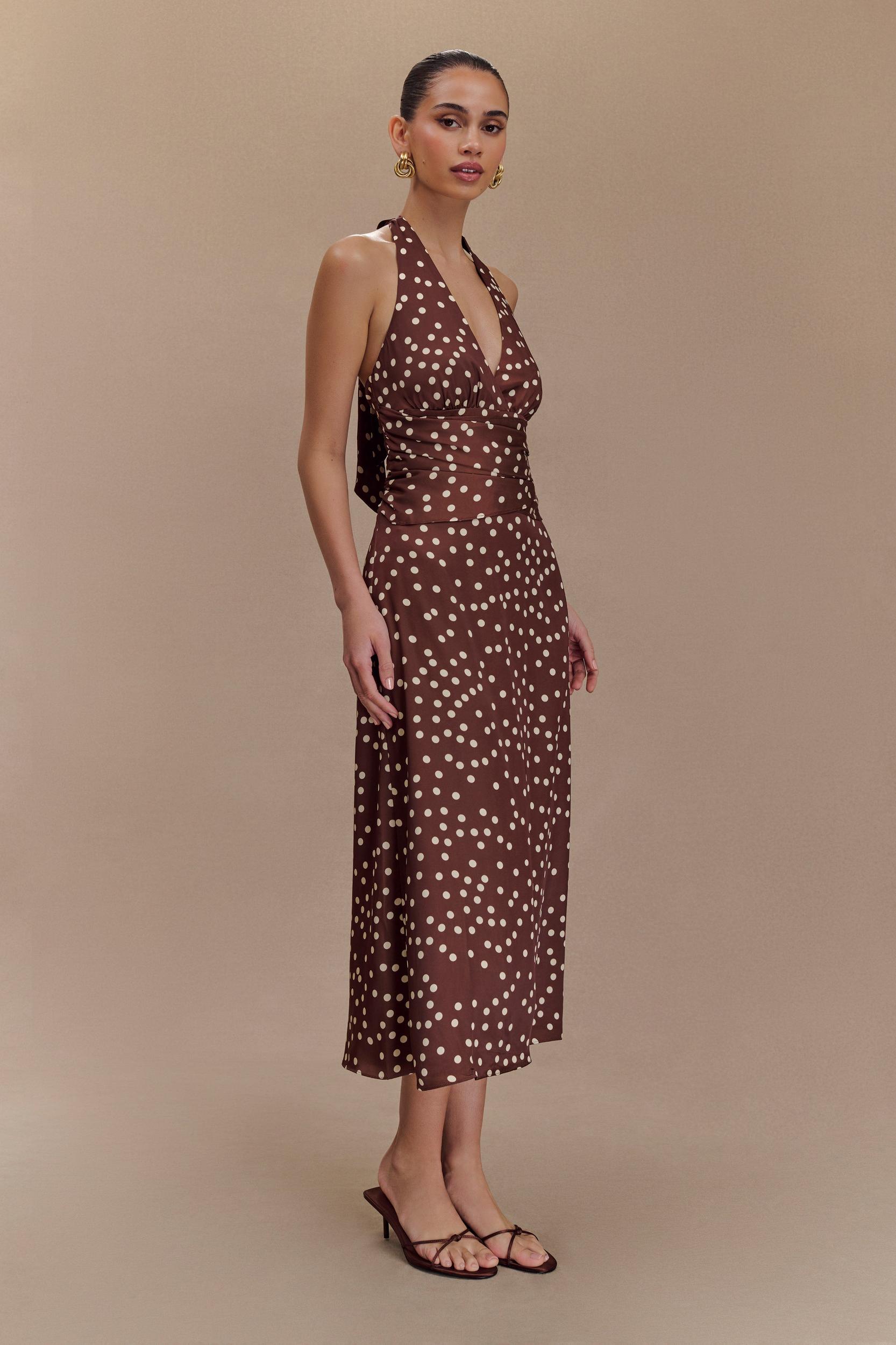 Marguerite Satin Halter Midi Dress - Brown Polka Dot Print Product Image