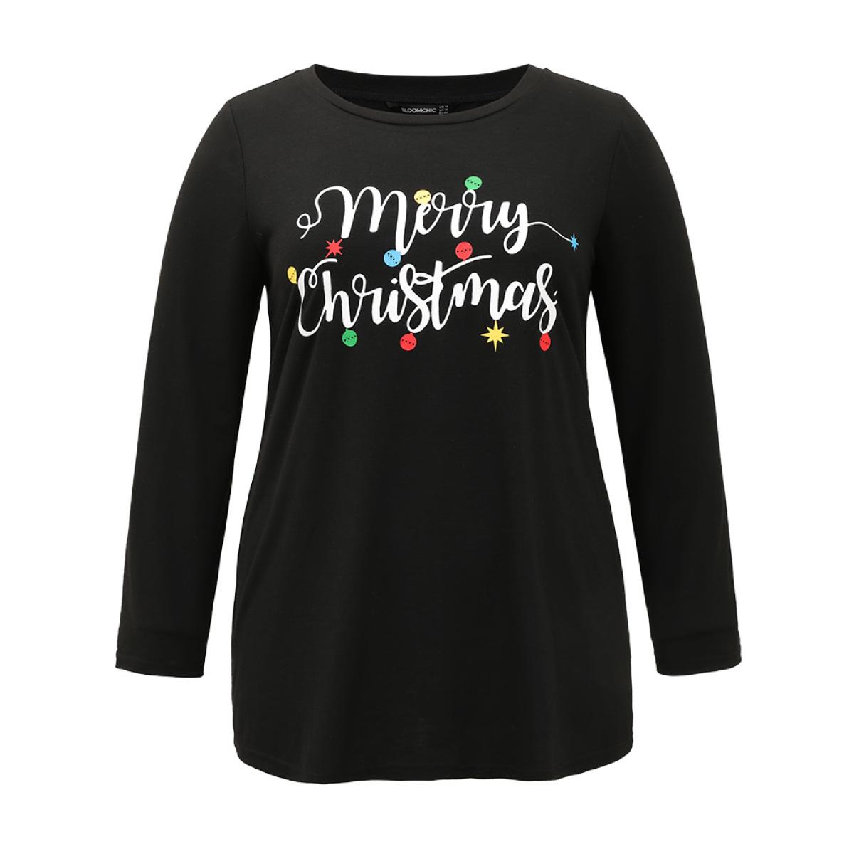 Plus Size Christmas Letter Print Crew Neck T-shirt Black Women Casual Printed Christmas Festival-Christmas T-shirts BloomChic 22-24/3X Product Image
