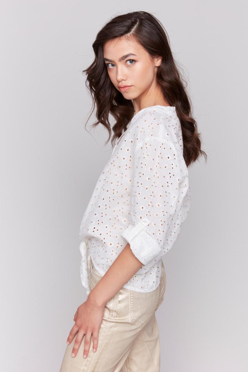 Ivory Cotton Gold Eyelet Tie Blouse Product Image