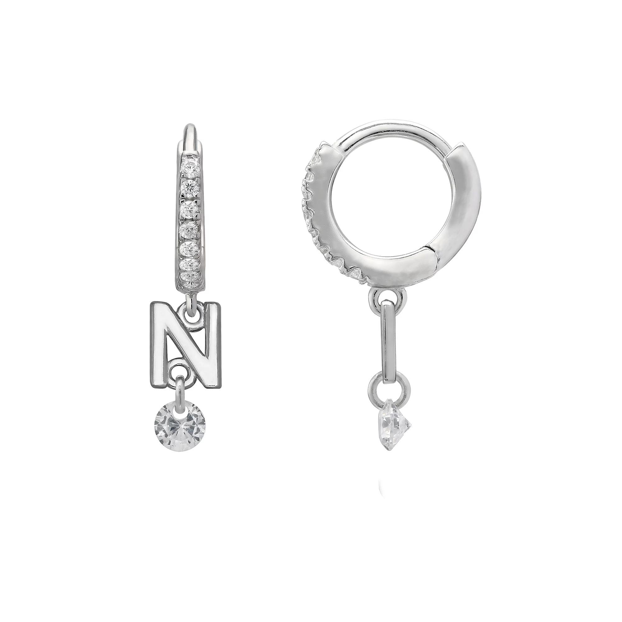 PRIMROSE Sterling Silver Initial Huggie Hoop Drop Earrings, Women's, Sterling Silver U Product Image