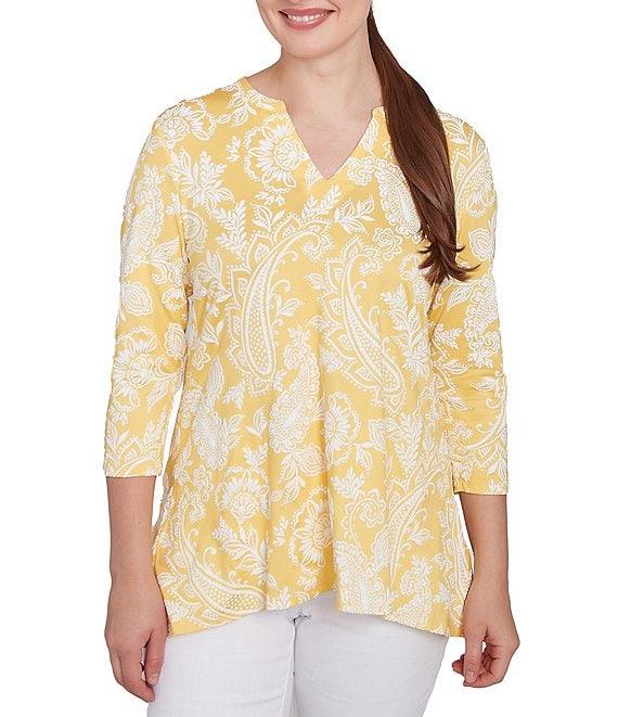 Ruby Rd. Jacobean Paisley Puff Split V-Neck 3/4 Sleeve Top Product Image