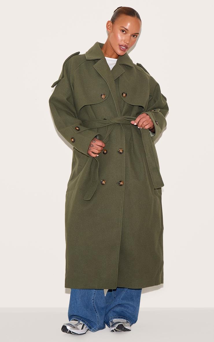 Plus Khaki Oversized Double Breasted Military Trim Coat Product Image