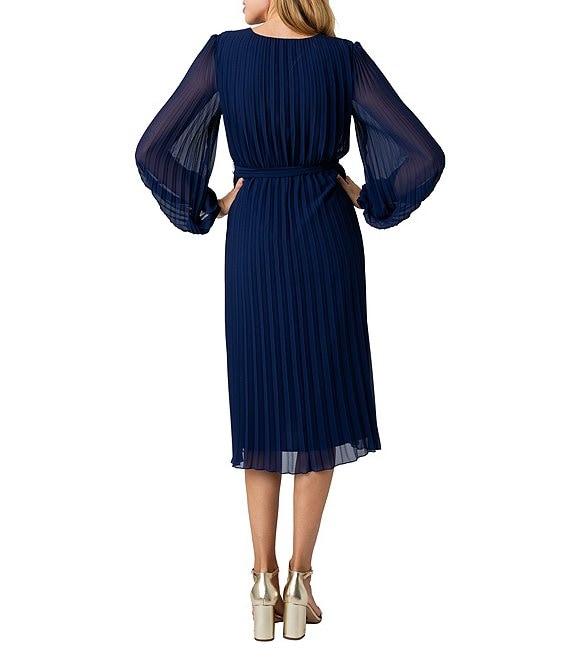 Sam Edelman Chiffon V-Neck Long Sleeve Pleated A-Line Midi Dress Product Image